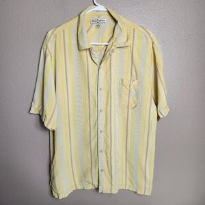 Tommy Bahama Mens 100% Silk Yellow Vertical Stripe SS Buttonfront Shirt |M|